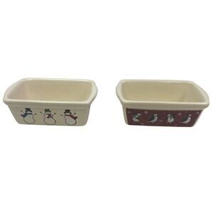 Set of Two Snowman Winter Penguin Microwave & Oven Safe Ceramic Mini Loaf Pans